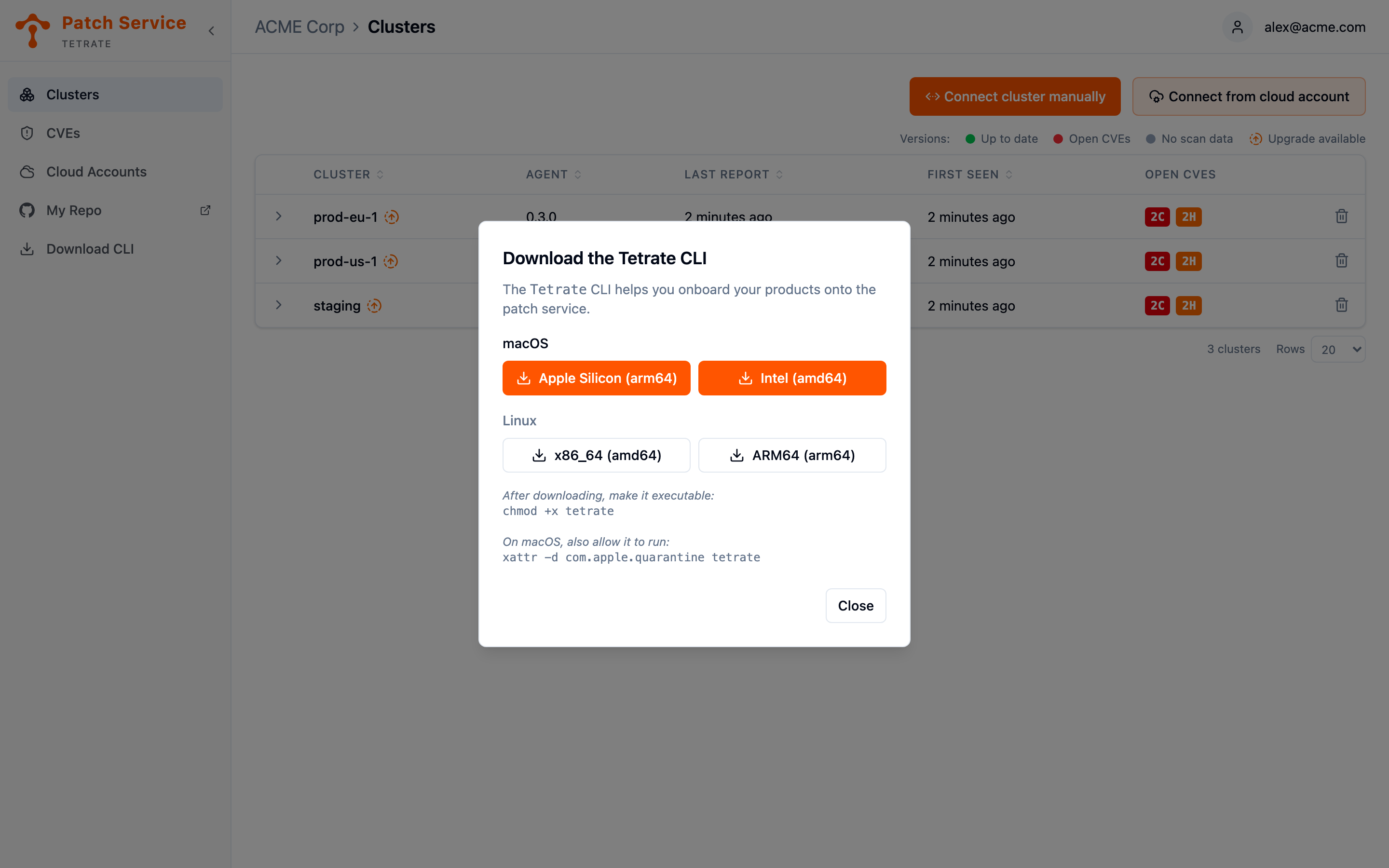 The Download the Tetrate CLI dialog offering macOS builds for Apple Silicon and Intel above the Linux builds, with the executable and macOS quarantine commands listed below the download buttons.