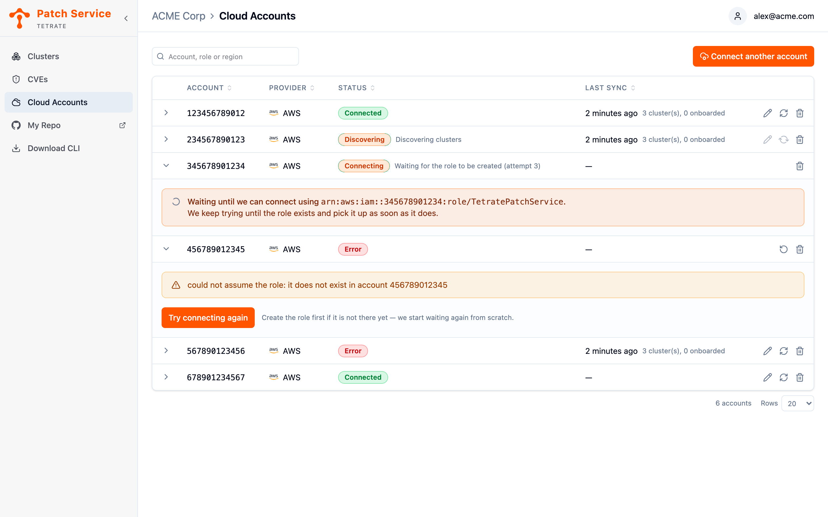 The Cloud Accounts view with a search box above the table, listing connections in several states: connected with discovered clusters, discovering, waiting for the role to be created, and failed with the reason shown.
