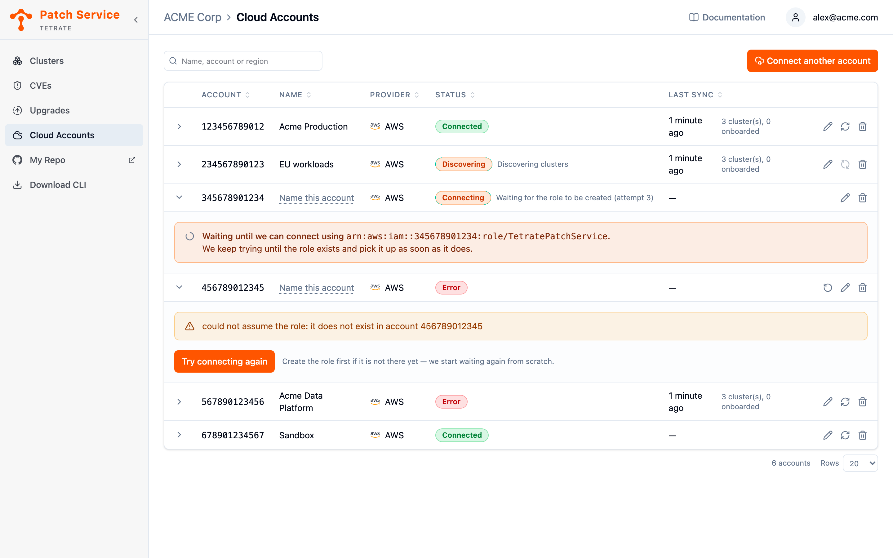 The Cloud Accounts view with a search box above the table, listing connections in several states: connected with discovered clusters, discovering, waiting for the role to be created, and failed with the reason shown, some named and two offering Name this account.