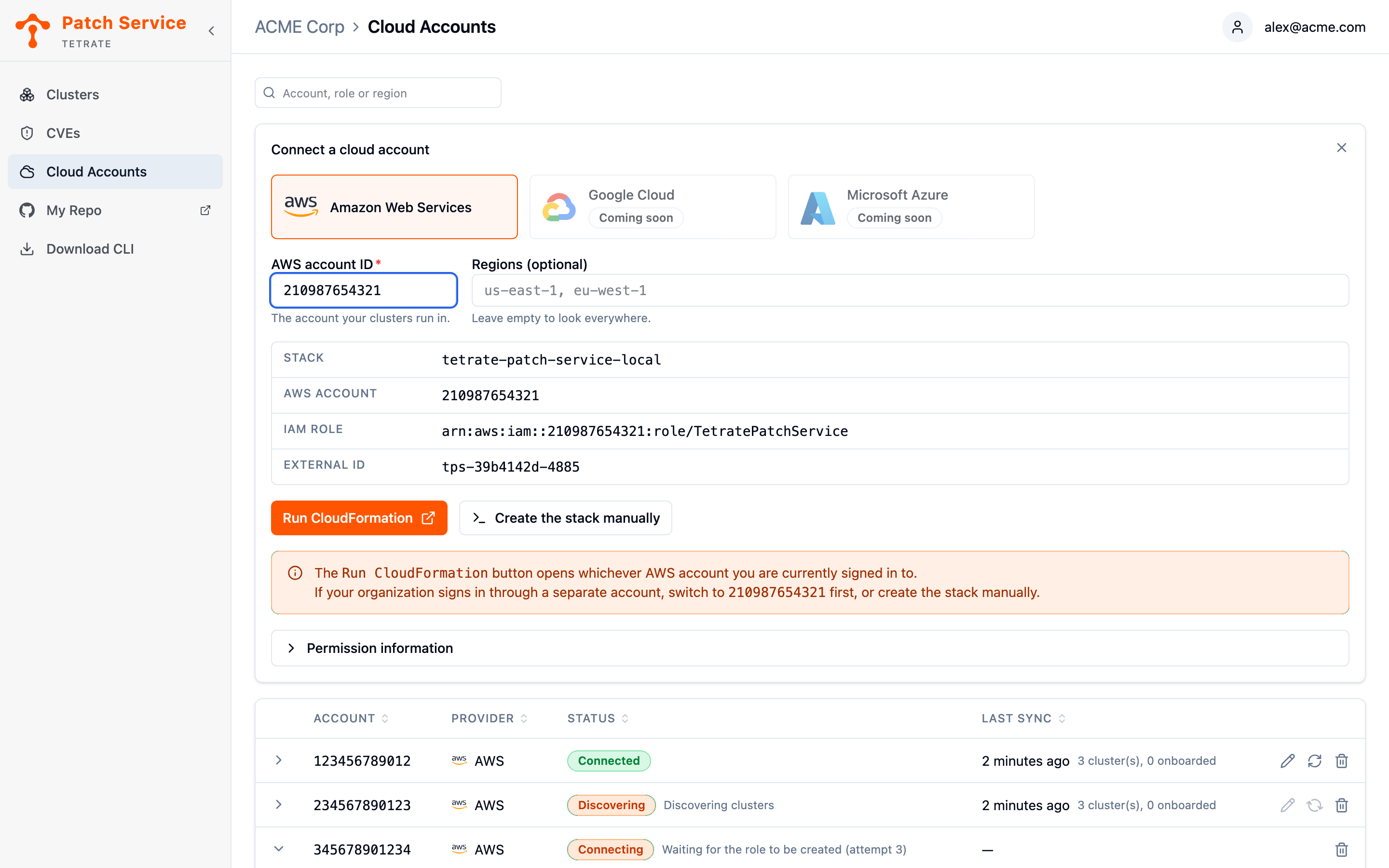 The Connect a cloud account form with Amazon Web Services selected, an account ID entered, the stack summary showing the role ARN and external ID, and the Run CloudFormation and Create the stack manually buttons.