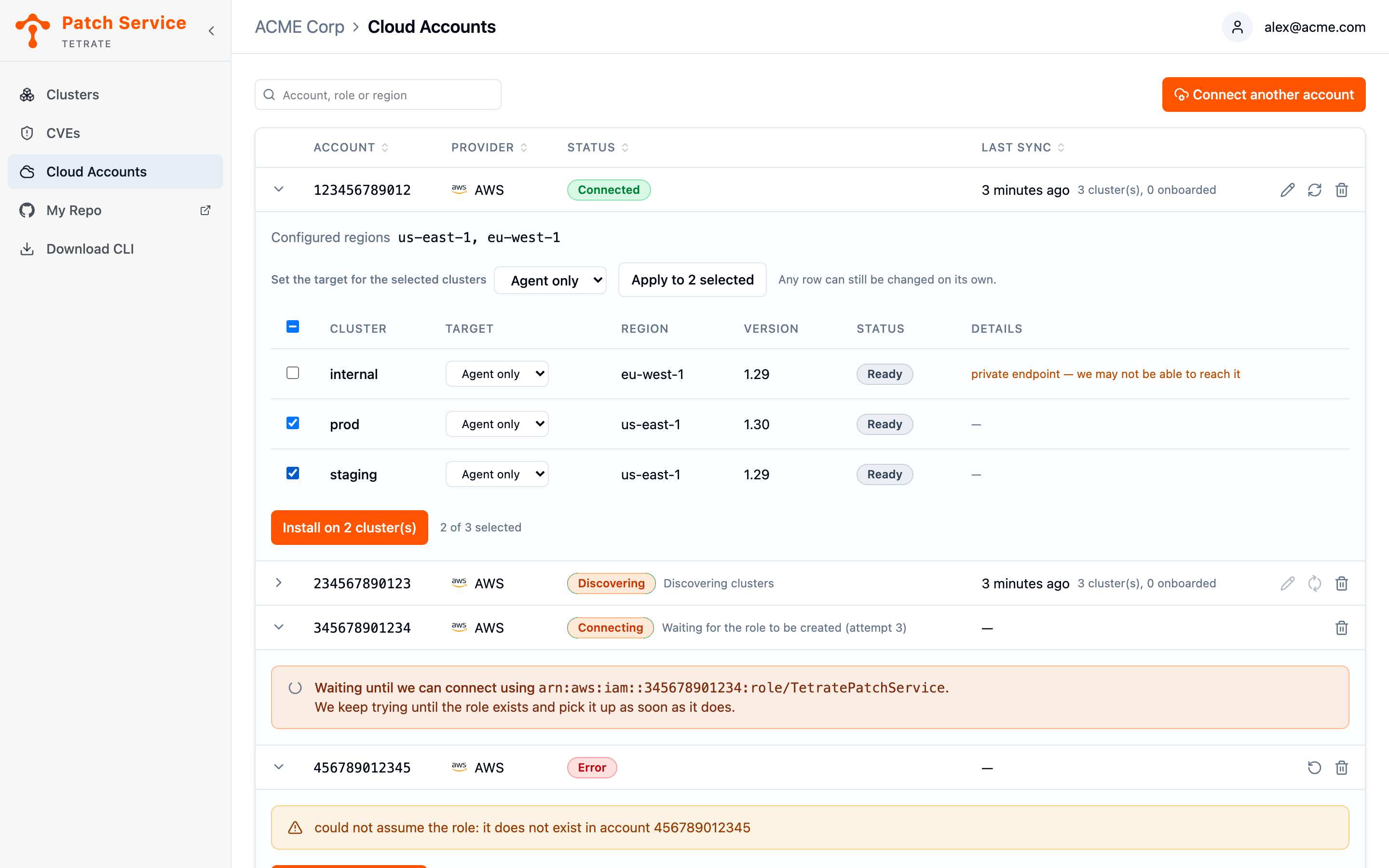 An expanded cloud connection showing its discovered fleet: two clusters selected with their targets set to agent only, a private-endpoint cluster flagged in the details column, and the Install on 2 clusters button beneath the table.