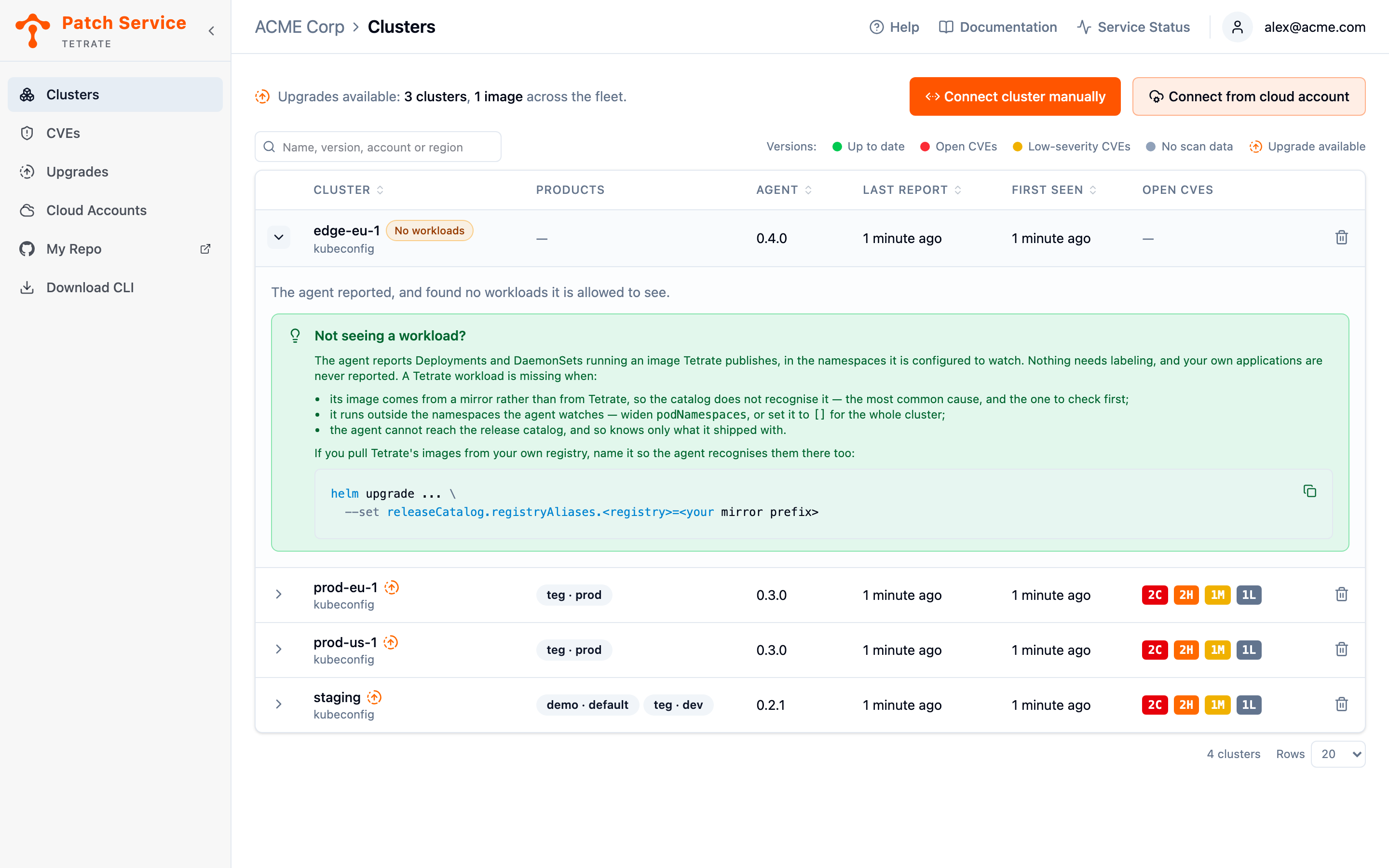 A cluster row badged No workloads, expanded to show the guidance for a cluster that reported nothing: what the agent reports, the three reasons a Tetrate workload can be missing, and the setting that names an image mirror.
