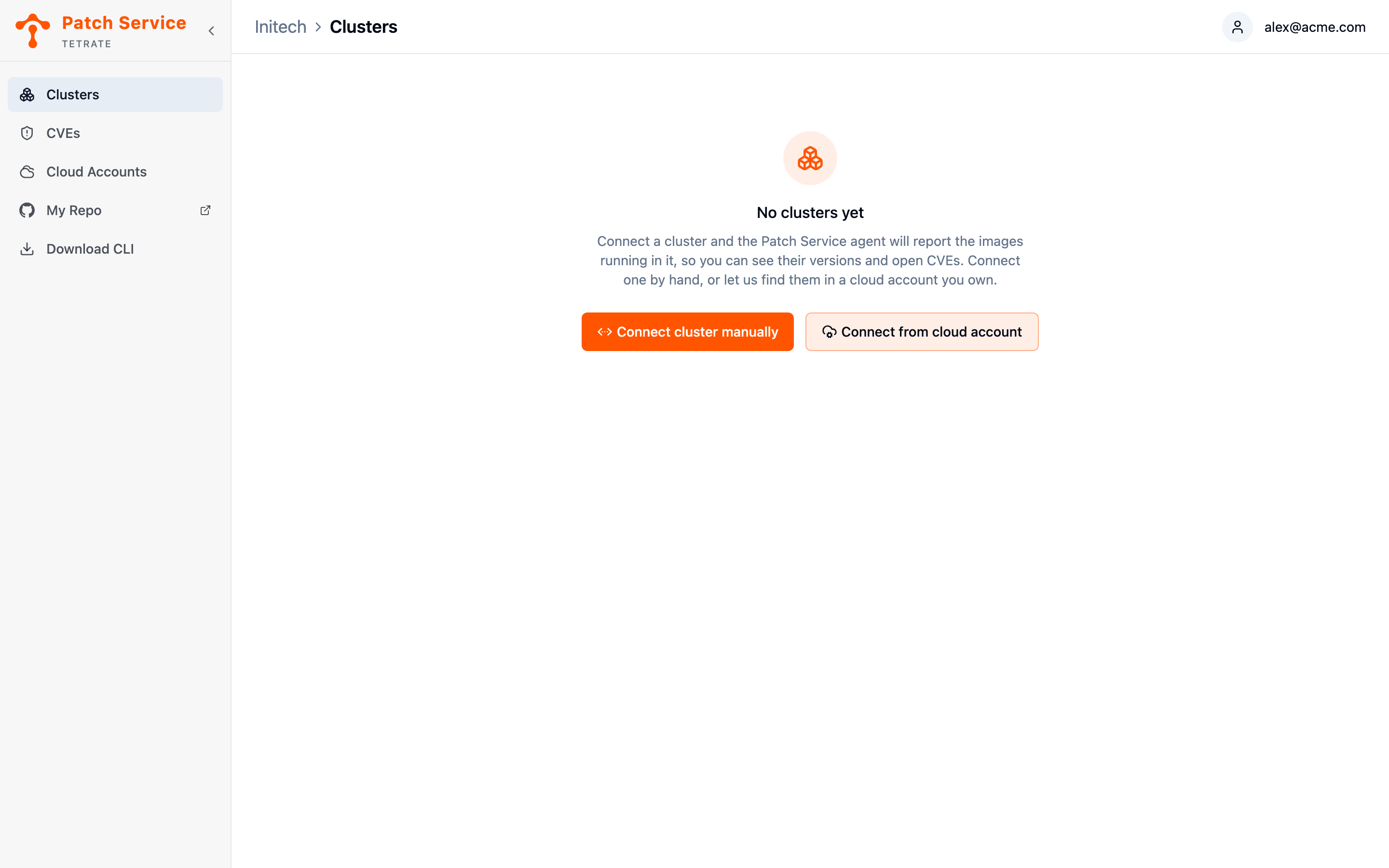 The empty Clusters view, with the Connect cluster manually and Connect from cloud account buttons centered on the page.