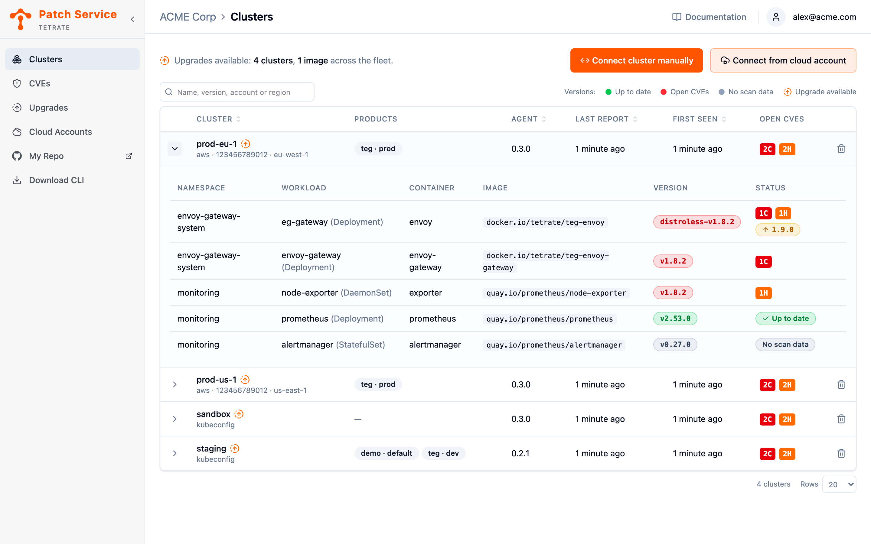 An expanded cluster row whose status column names the newer release beside the running versions, the state that clears once an upgrade rolls out and the agent reports the new images.