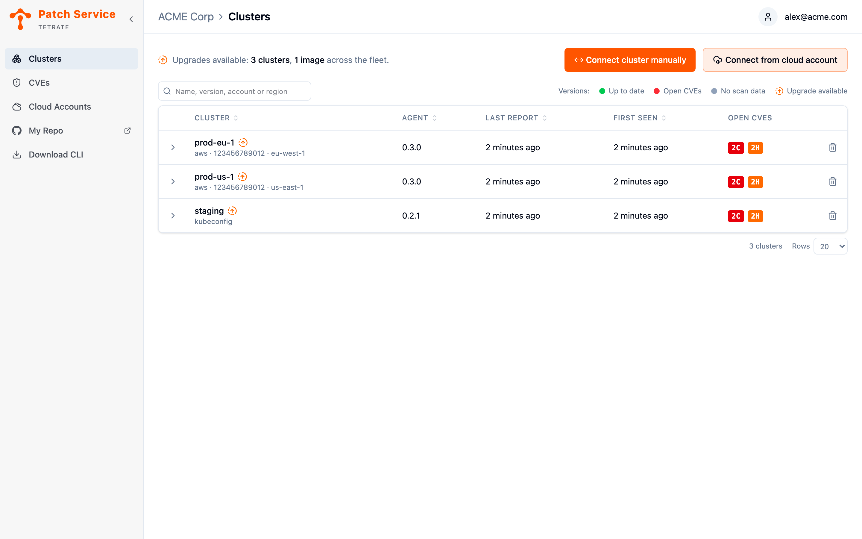 The Clusters view with the fleet-wide upgrades-available line and the search box above the table, listing three clusters with their source under each name, two from an AWS account and one from a kubeconfig, with open CVE counts and upgrade markers.