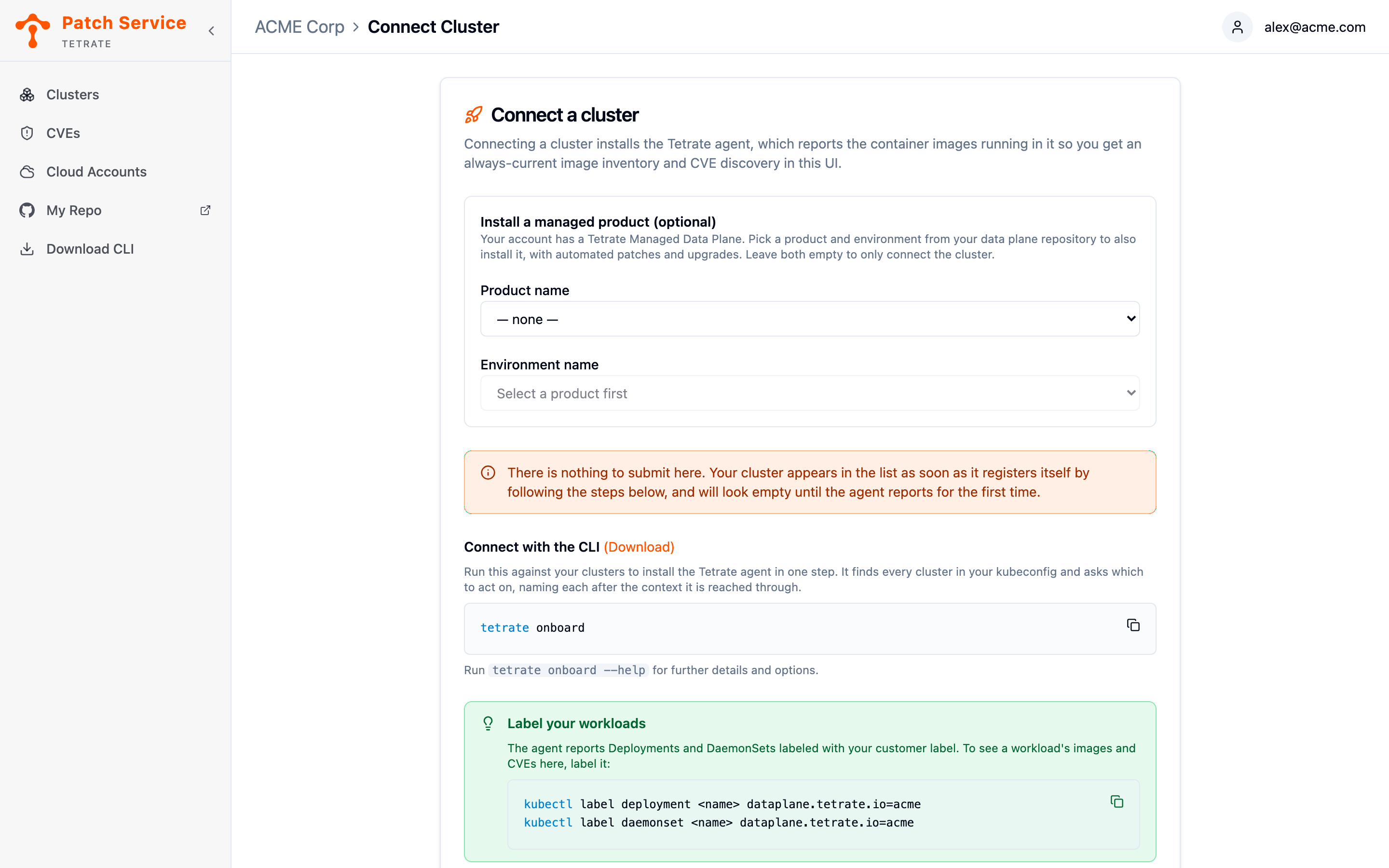 The Connect Cluster page showing the optional managed product selects, the tetrate onboard command, and the tip about labeling workloads.