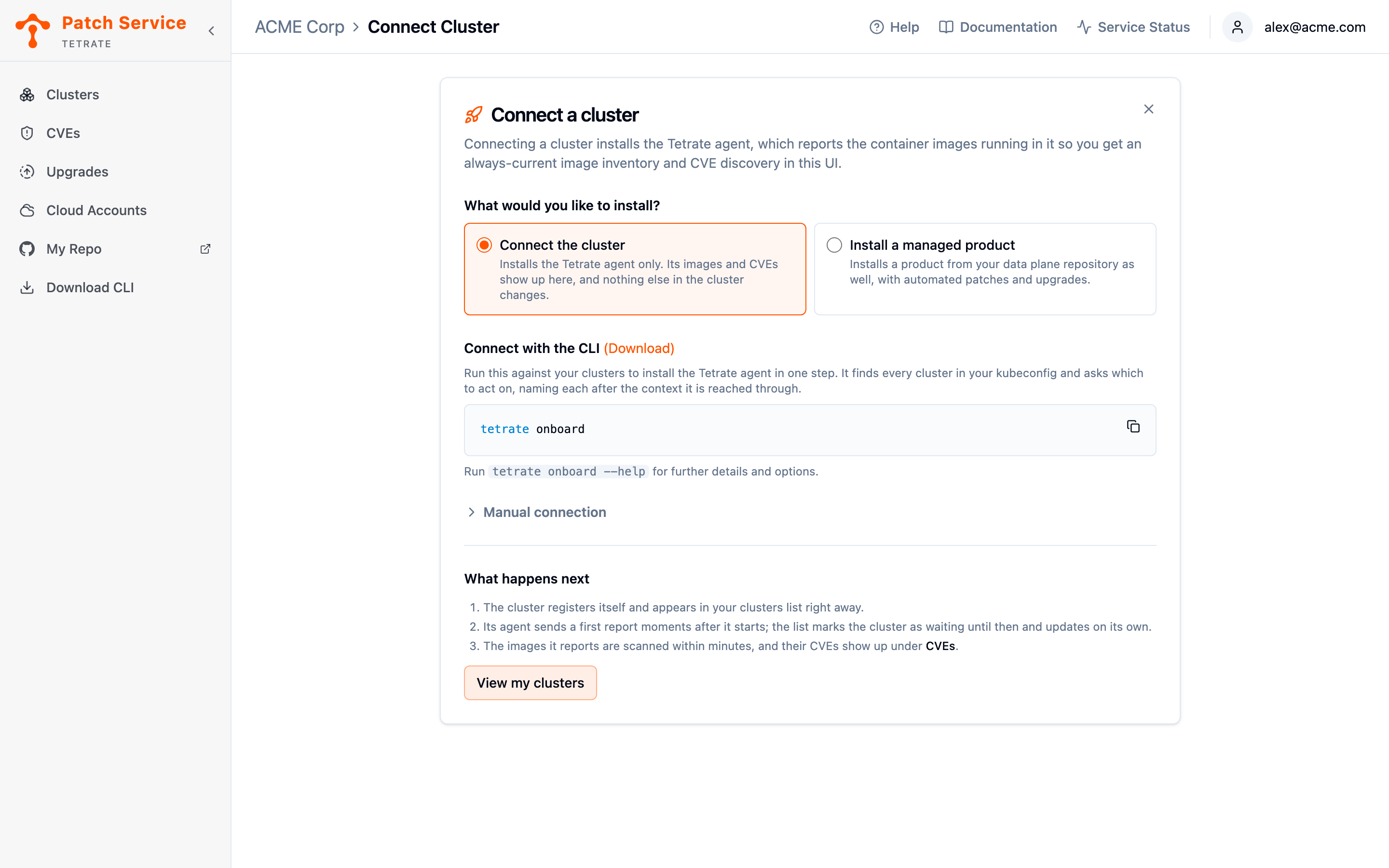 The Connect Cluster page showing the install path choice with Connect the cluster selected, the tetrate onboard command, and the collapsed Manual connection disclosure.
