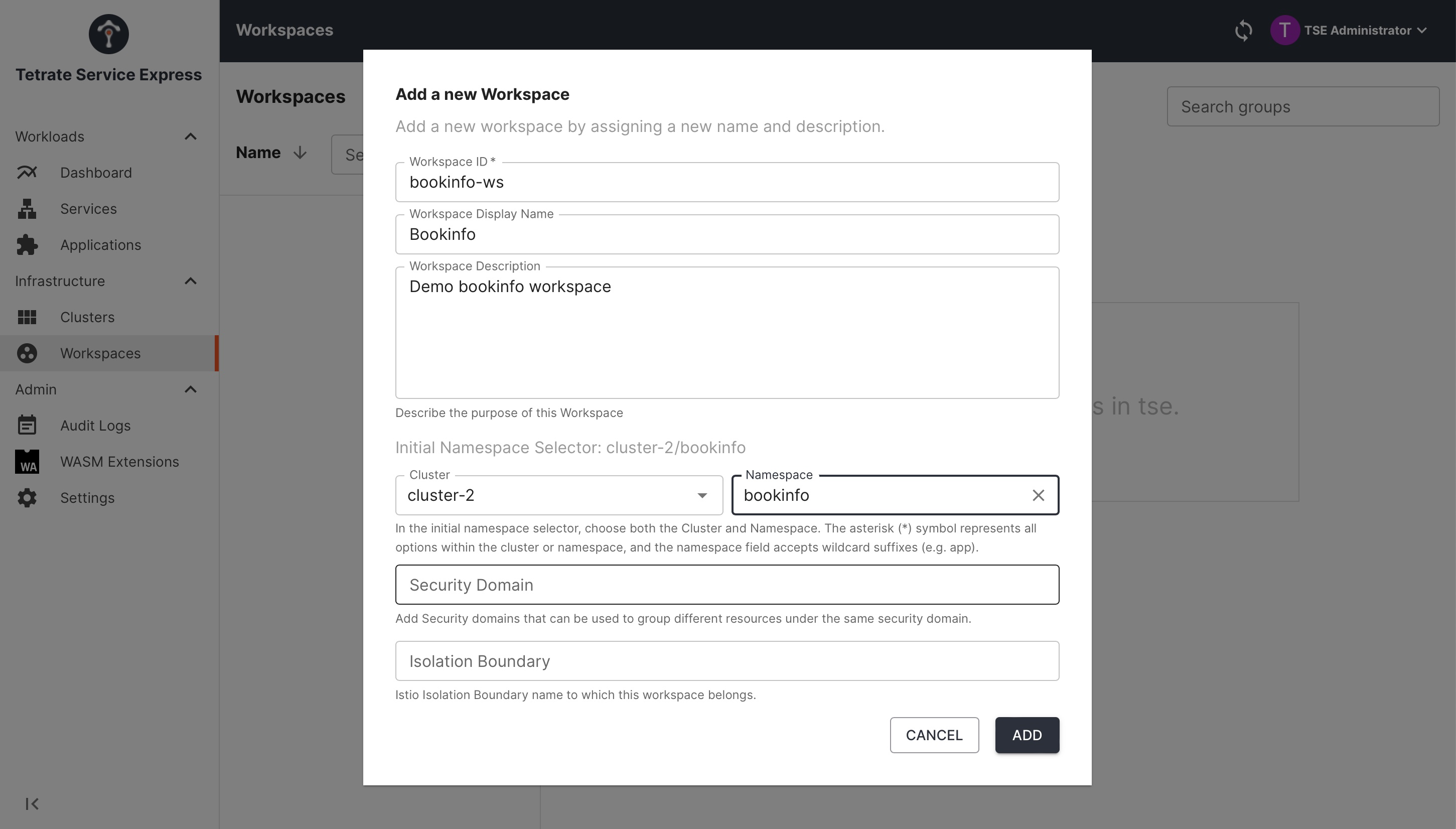 Create the Bookinfo workspace &#39;bookinfo-ws&#39;