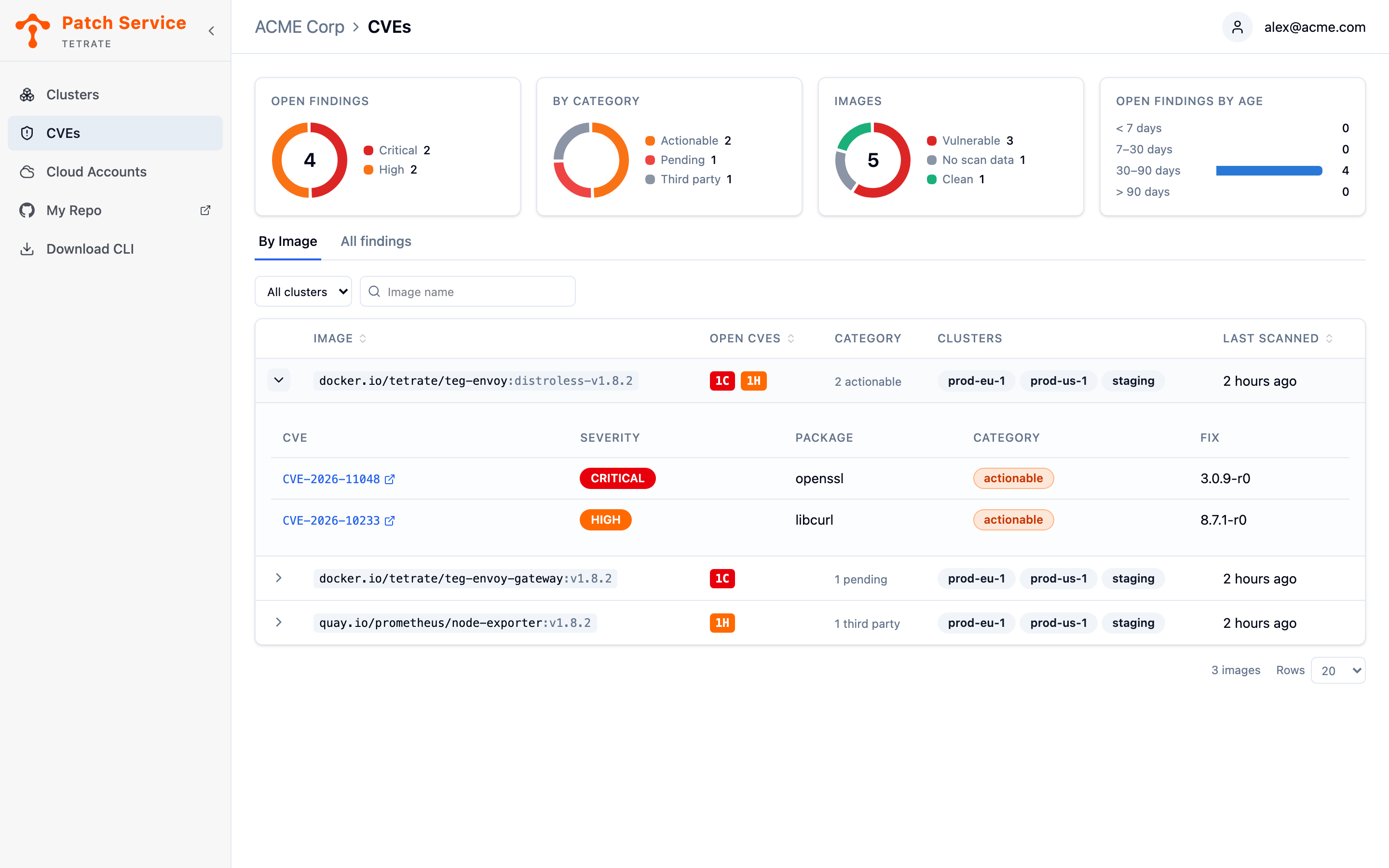 An expanded image row in the By Image tab showing that image's open findings, each with a CVE ID linking to NVD, a severity badge, the affected package, its category, and the fix version.