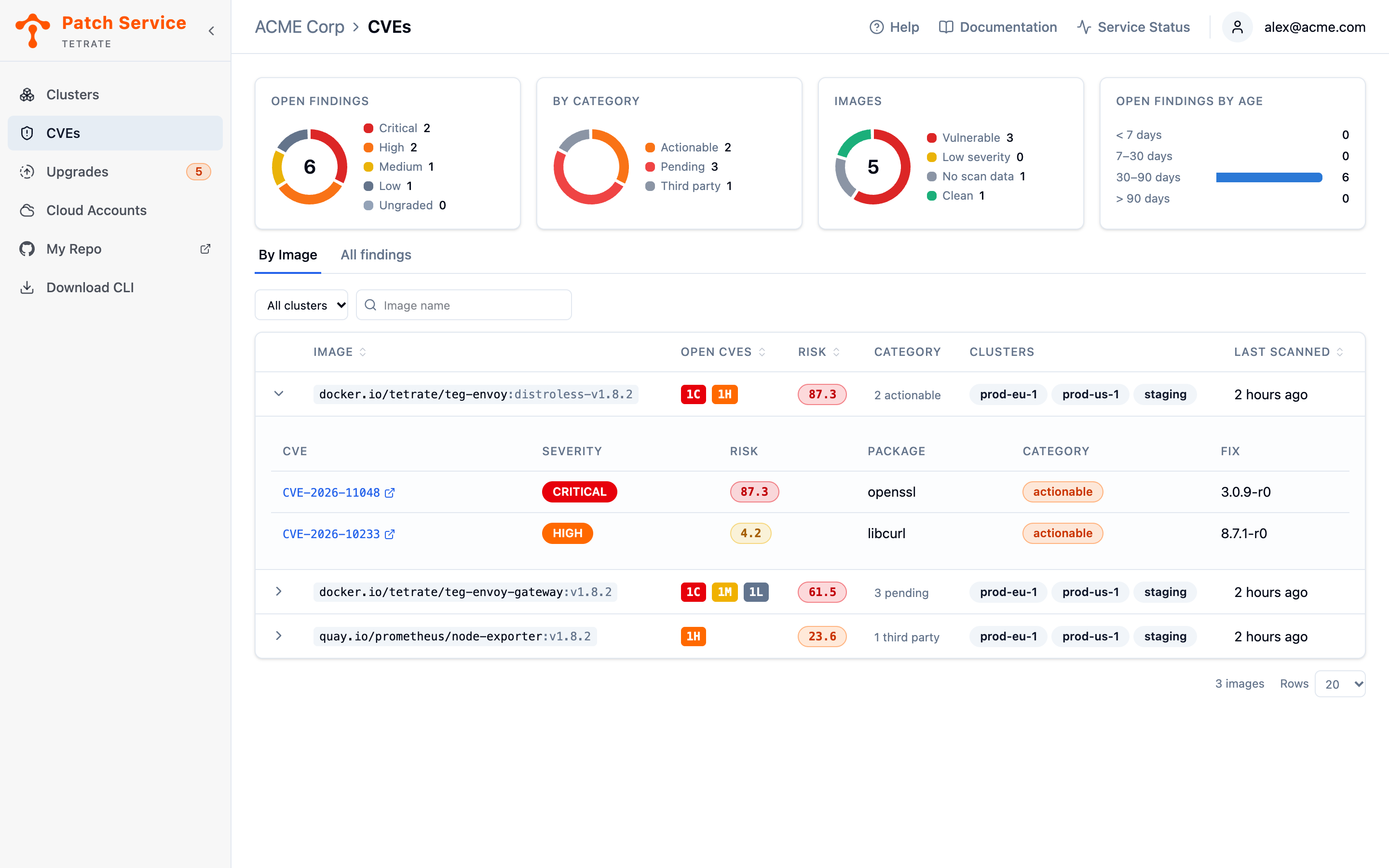 An expanded image row in the By Image tab showing that image's open findings, each with a CVE ID linking to NVD, a severity badge, a risk score, the affected package, its category, and the fix version.