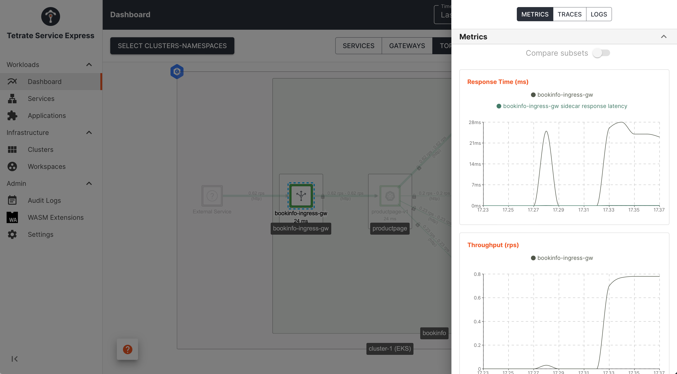 TSE Dashboard UI: service instance metrics