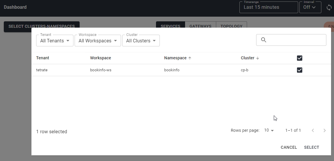 TSB Dashboard UI: namespace selection screen