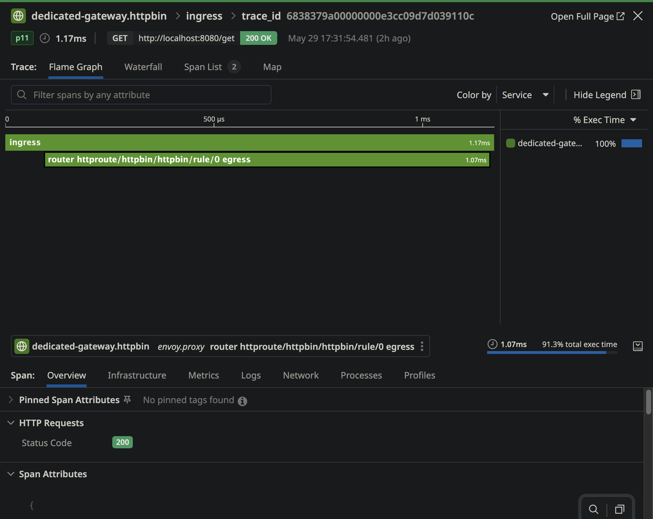 An image showing TEG traces integration with Datadog detailing a single trace.