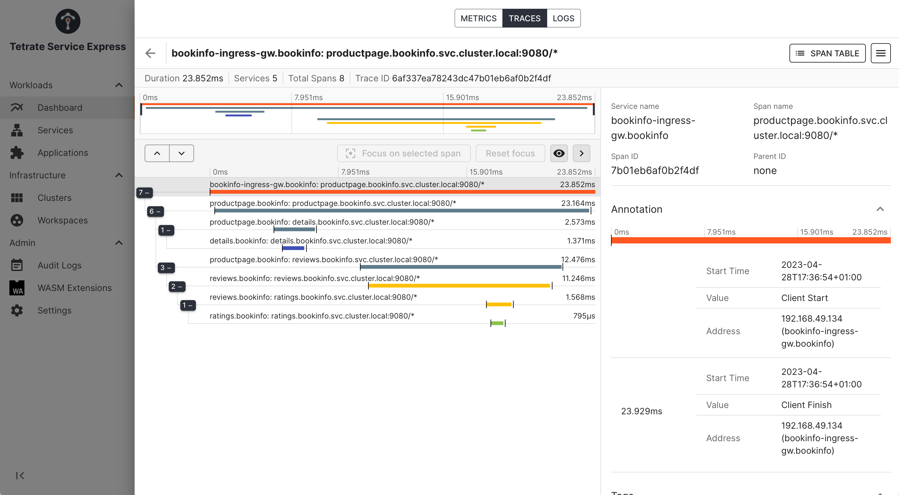 TIS Plus Dashboard UI: inspecting a trace