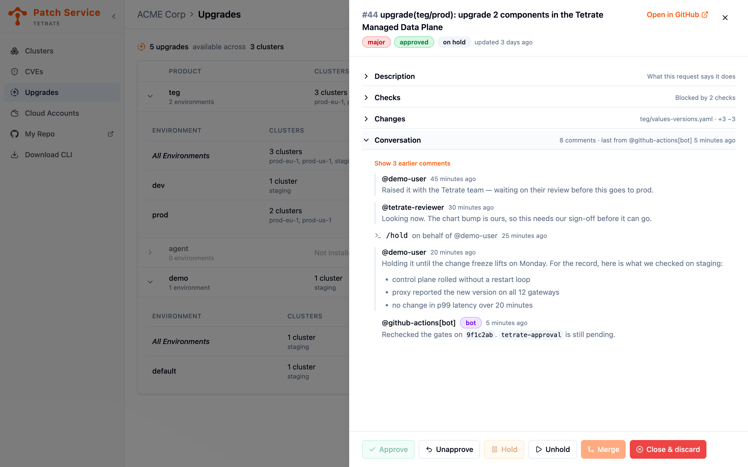 The panel with the Conversation section open, showing the comments on a held request, a hold command collapsed to one line, and the automation's latest report on the gates.