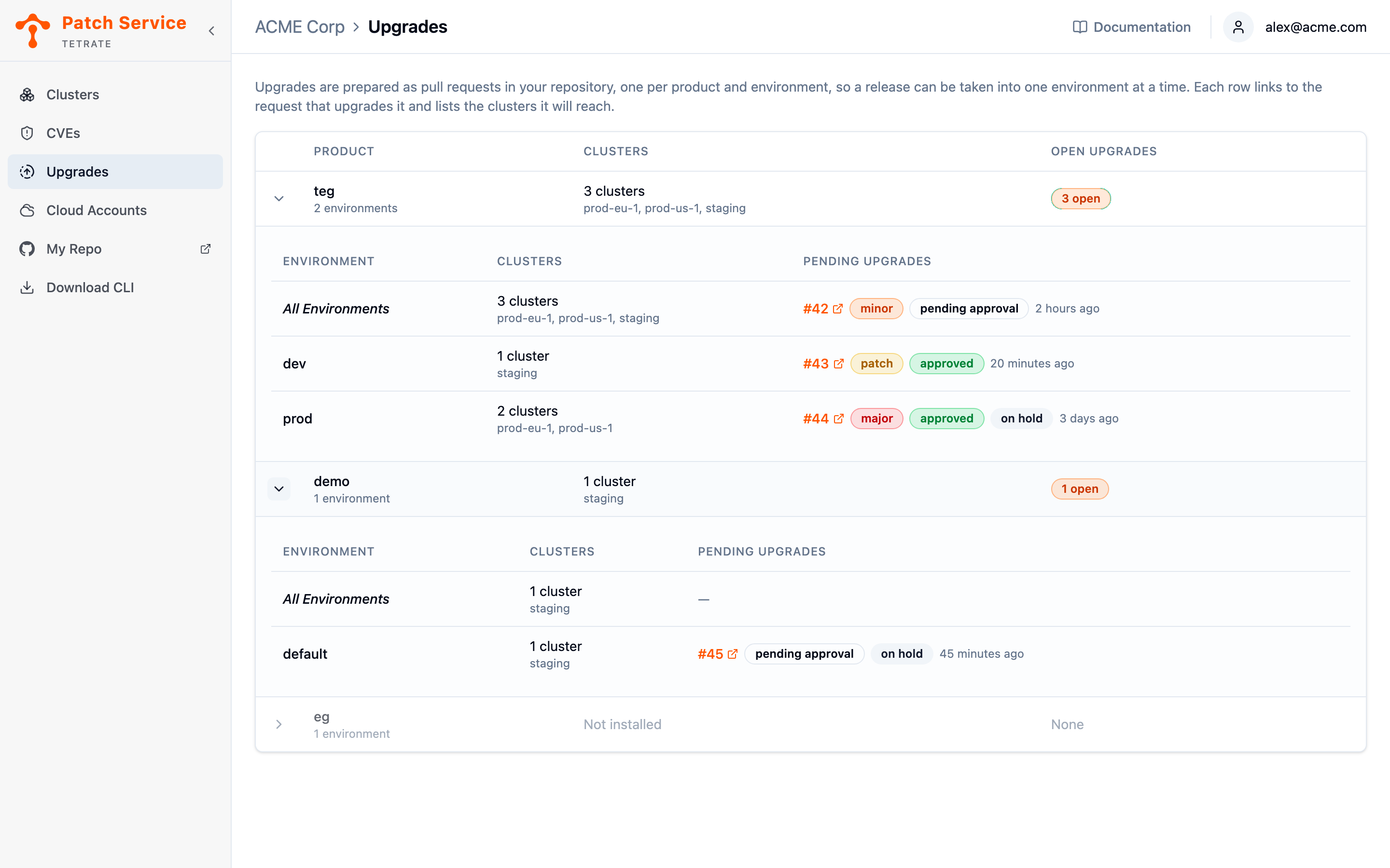 A product expanded into its All Environments defaults and its dev and prod environments, each with the clusters it reaches and the pull request open against it.