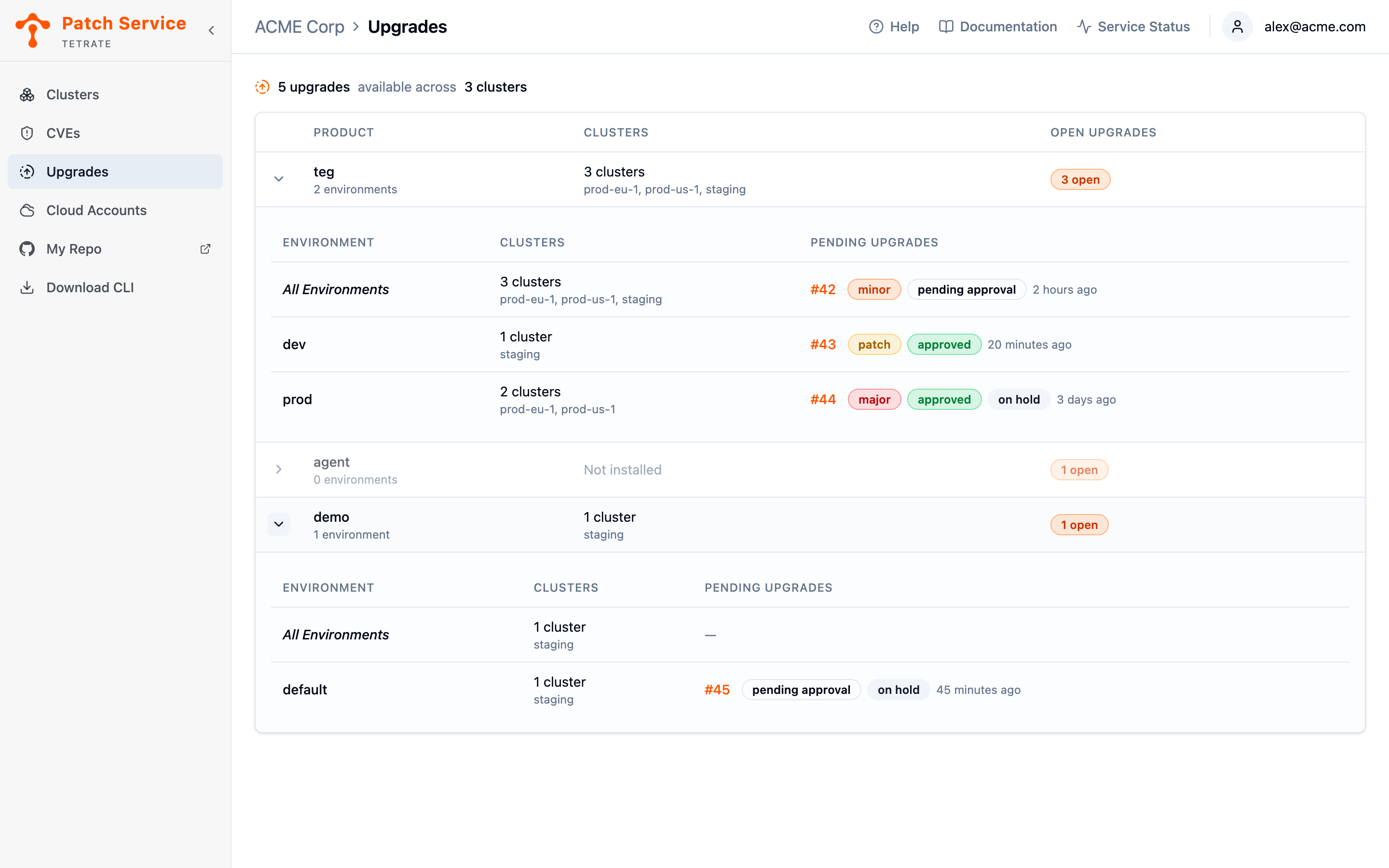 A product expanded into its All Environments defaults and its dev and prod environments, each with the clusters it reaches and the pull request open against it.