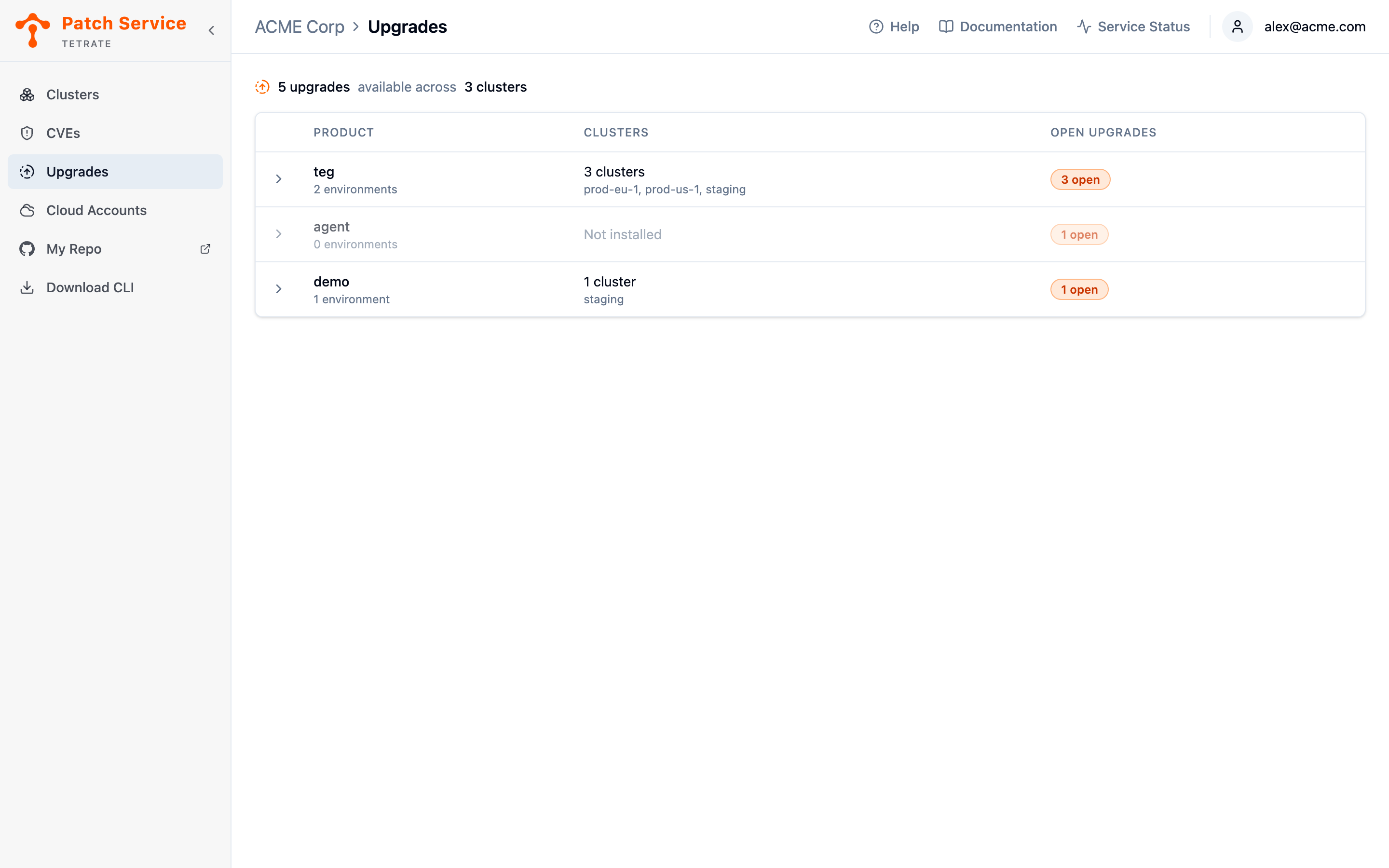 The Upgrades view listing three managed products, two with open upgrades and their clusters named, and one seeded but not installed anywhere.