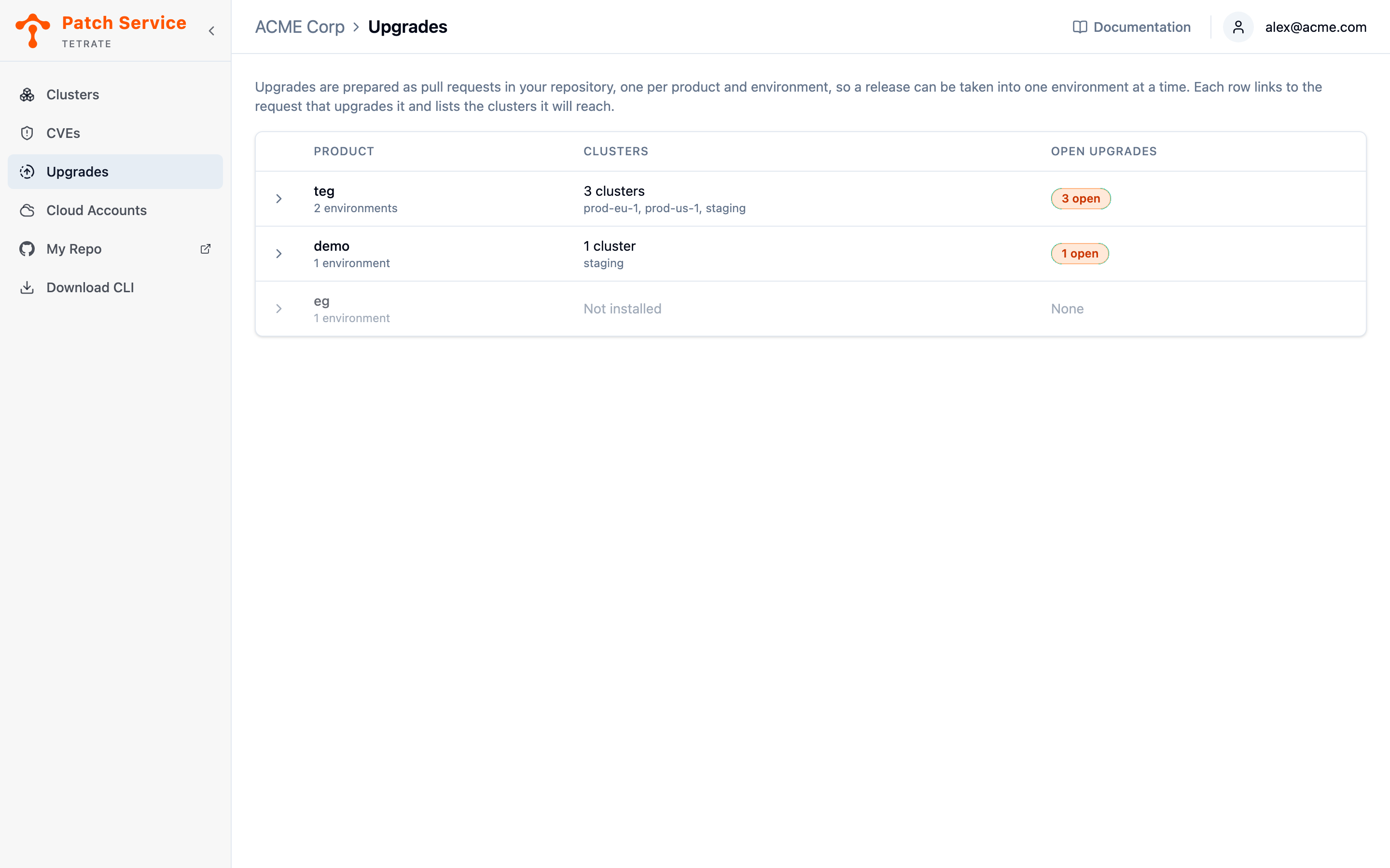 The Upgrades view listing three managed products, two with open upgrades and their clusters named, and one seeded but not installed anywhere.